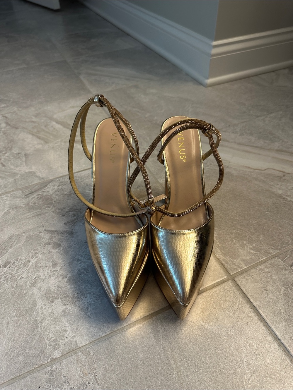 VENUS Gold Pointed Toe Slingback Heels with Ankle Strap